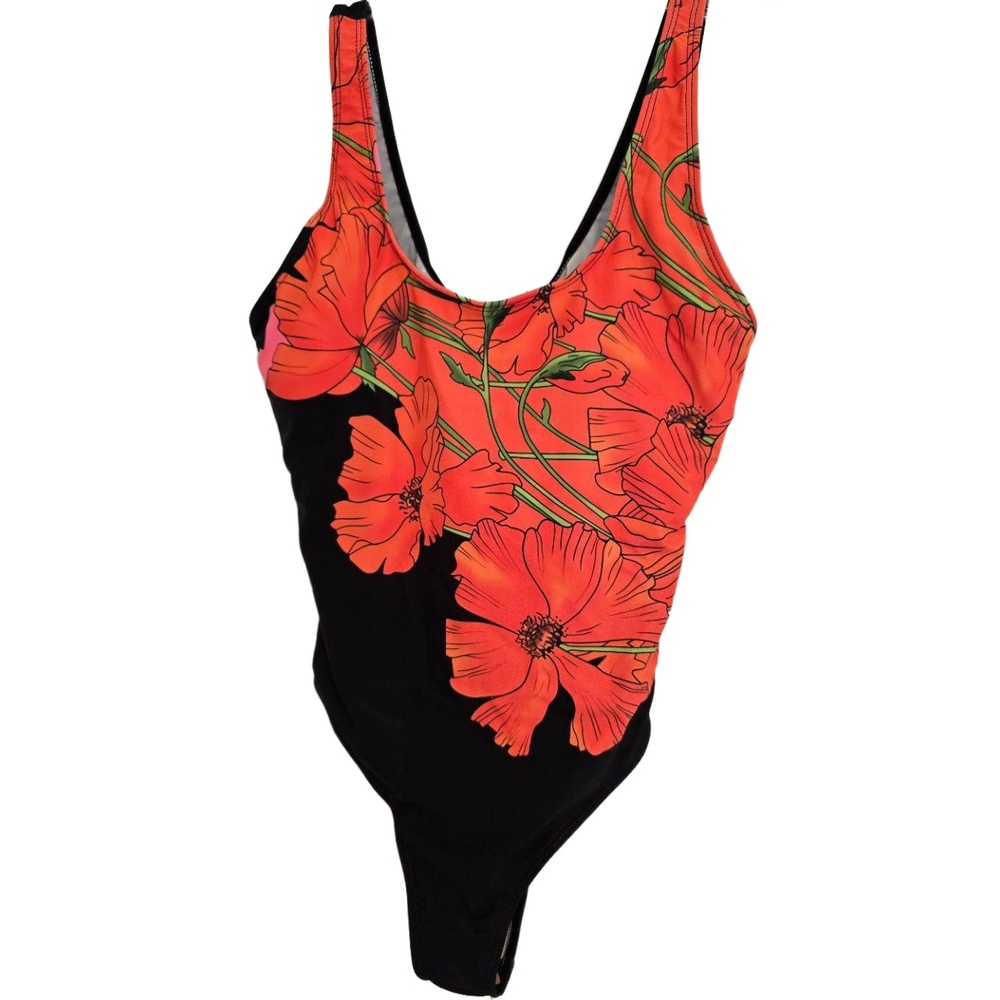New Orange Black Floral Scoop‎ Neck Thigh High One-Piece Swimsuit XL 12